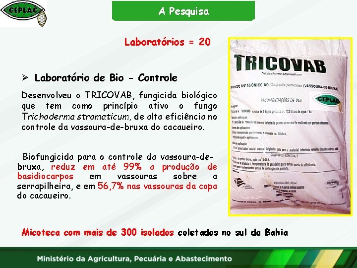 A Pesquisa Laboratórios = 20 Ø Laboratório de Bio - Controle Desenvolveu o TRICOVAB,