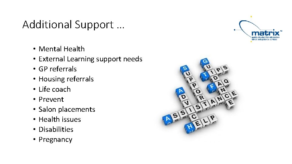 Additional Support … • • • Mental Health External Learning support needs GP referrals