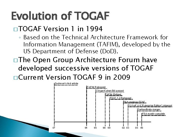 Evolution of TOGAF � TOGAF Version 1 in 1994 ◦ Based on the Technical