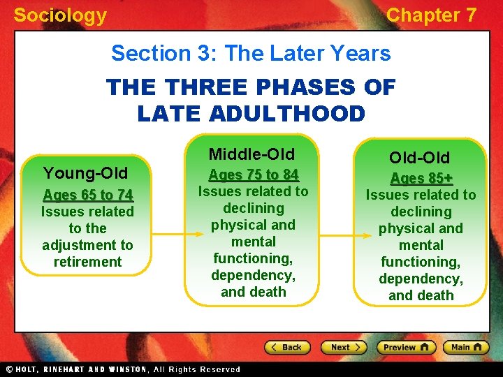 Sociology Chapter 7 Section 3: The Later Years THE THREE PHASES OF LATE ADULTHOOD