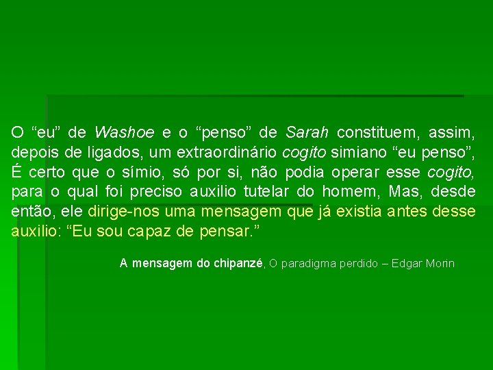 O “eu” de Washoe e o “penso” de Sarah constituem, assim, depois de ligados,