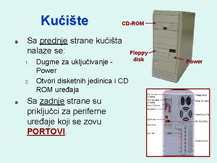 Kućište CD-ROM Sa prednje strane kućišta nalaze se: 1. 2. Dugme za uključivanje Power