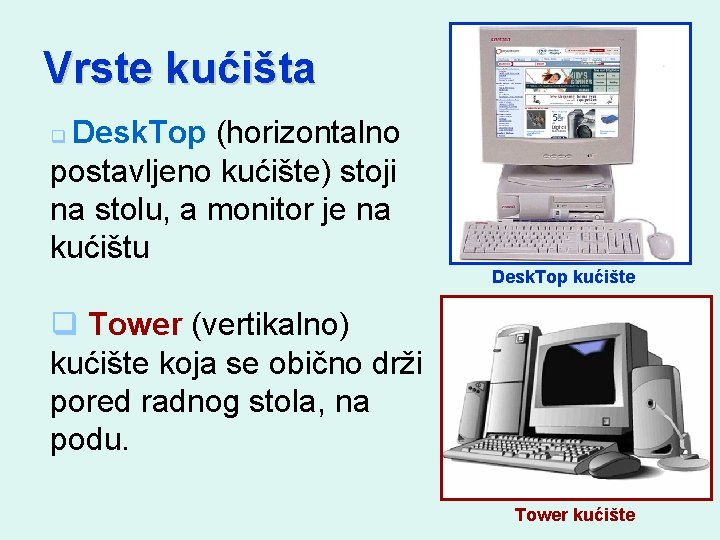 Vrste kućišta Desk. Top (horizontalno postavljeno kućište) stoji na stolu, a monitor je na