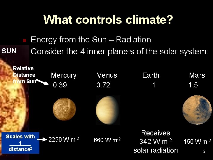 What controls climate? n SUN n Energy from the Sun – Radiation Consider the