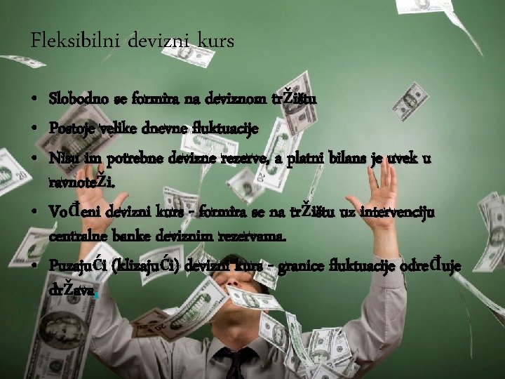 Fleksibilni devizni kurs Slobodno se formira na deviznom tržištu Postoje velike dnevne fluktuacije Nisu Fleksibilni devizni kurs Slobodno se formira na deviznom tržištu Postoje velike dnevne fluktuacije Nisu
