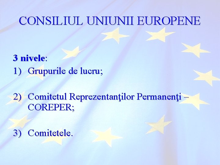 CONSILIUL UNIUNII EUROPENE 3 nivele: 1) Grupurile de lucru; 2) Comitetul Reprezentanţilor Permanenţi –