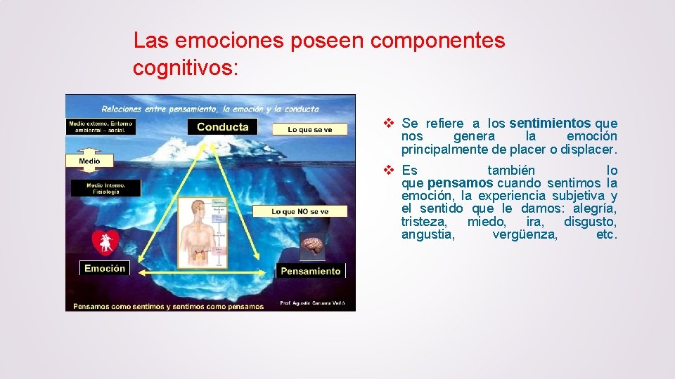 Las emociones poseen componentes cognitivos: v Se refiere a los sentimientos que nos genera