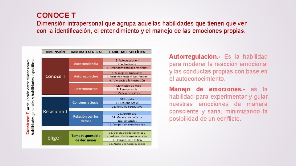 CONOCE T Dimensión intrapersonal que agrupa aquellas habilidades que tienen que ver con la