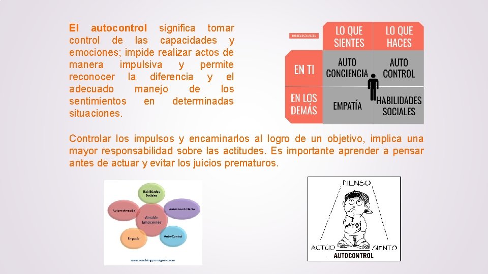 El autocontrol significa tomar control de las capacidades y emociones; impide realizar actos de