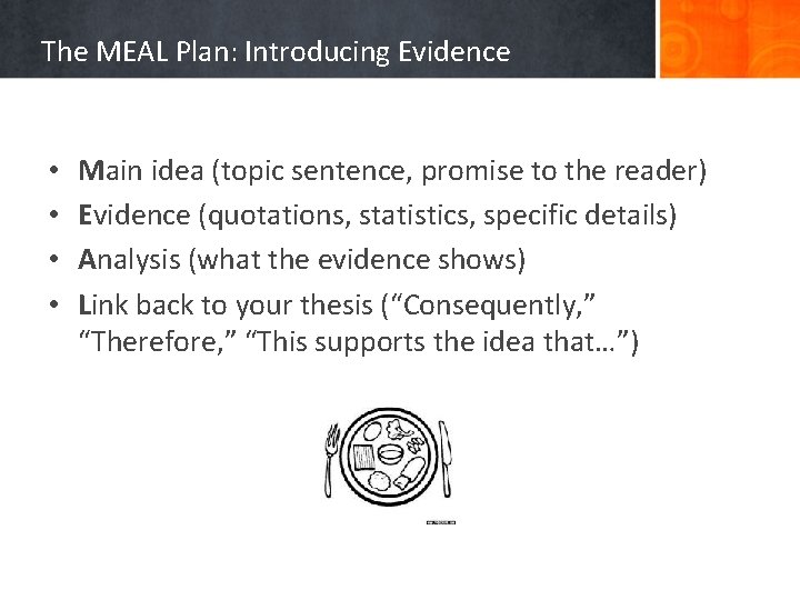 The MEAL Plan: Introducing Evidence • • Main idea (topic sentence, promise to the