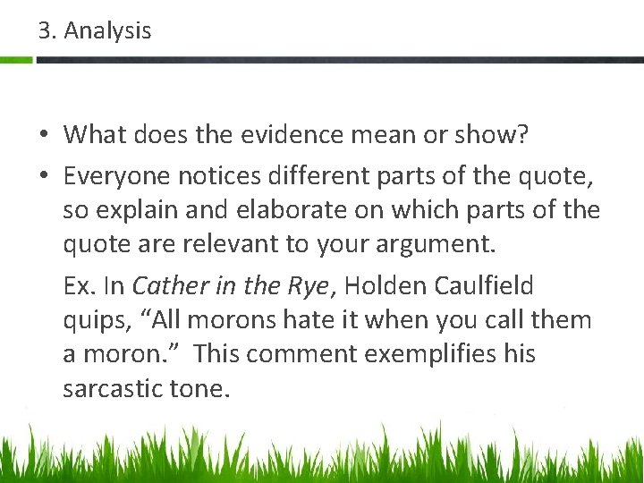 3. Analysis • What does the evidence mean or show? • Everyone notices different