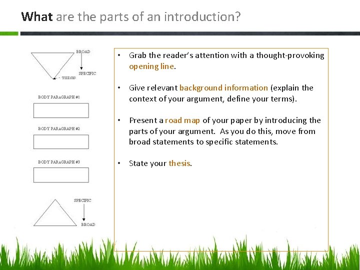 What are the parts of an introduction? • Grab the reader’s attention with a