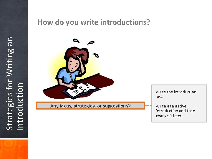 Strategies for Writing an Introduction How do you write introductions? Write the introduction last.