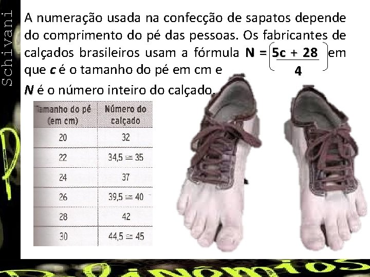 Schivani A numeração usada na confecção de sapatos depende do comprimento do pé das