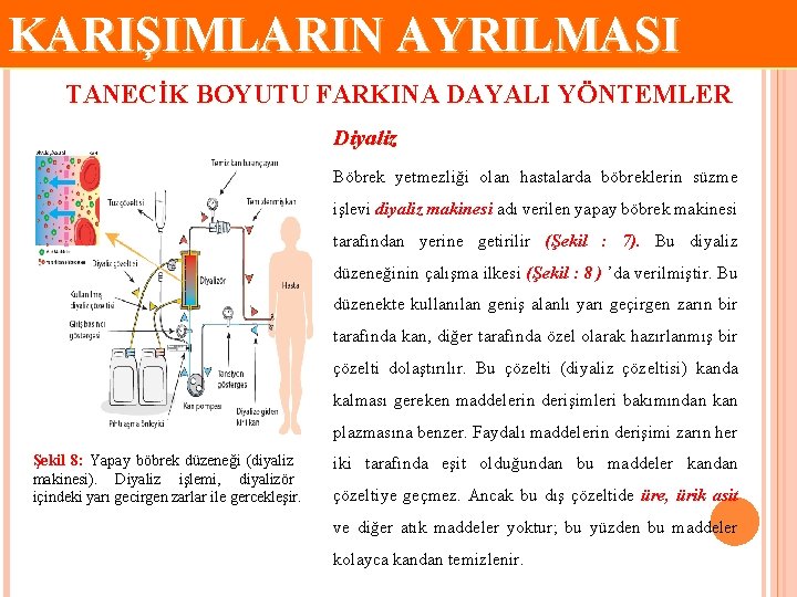 KARIŞIMLARIN AYRILMASI TANECİK BOYUTU FARKINA DAYALI YÖNTEMLER Diyaliz Böbrek yetmezliği olan hastalarda böbreklerin süzme