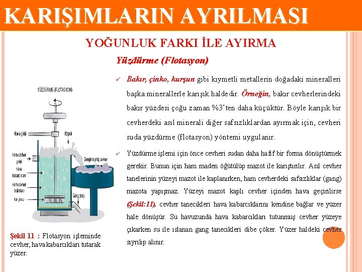 KARIŞIMLARIN AYRILMASI YOĞUNLUK FARKI İLE AYIRMA Yüzdürme (Flotasyon) ü Bakır, çinko, kurşun gibi kıymetli