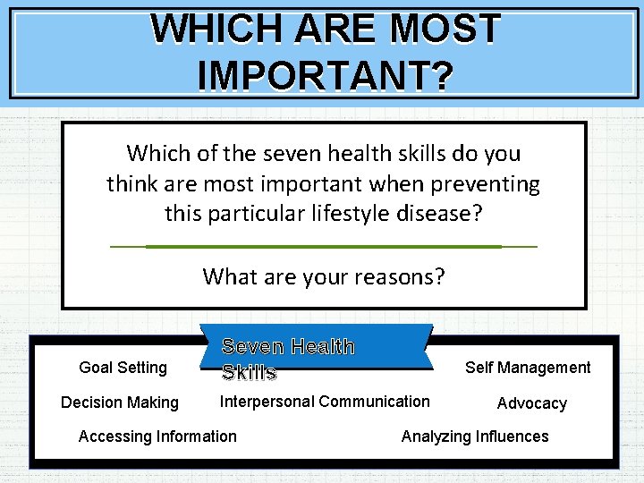 WHICH ARE MOST IMPORTANT? Which of the seven health skills do you think are