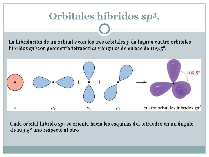 Orbitales híbridos sp 3. La hibridación de un orbital s con los tres orbitales Orbitales híbridos sp 3. La hibridación de un orbital s con los tres orbitales
