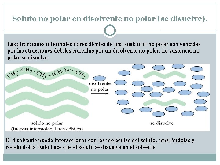 Soluto no polar en disolvente no polar (se disuelve). Las atracciones intermoleculares débiles de Soluto no polar en disolvente no polar (se disuelve). Las atracciones intermoleculares débiles de