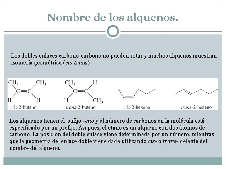 Nombre de los alquenos. Los dobles enlaces carbono-carbono no pueden rotar y muchos alquenos Nombre de los alquenos. Los dobles enlaces carbono-carbono no pueden rotar y muchos alquenos