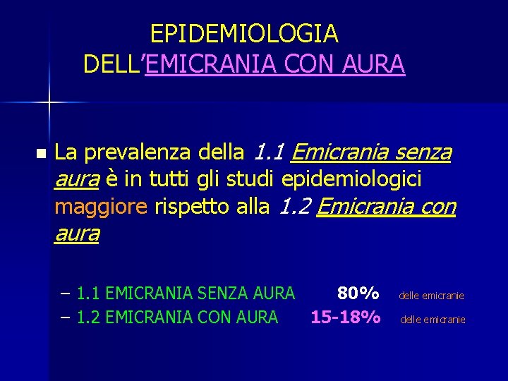 EPIDEMIOLOGIA DELL’EMICRANIA CON AURA n La prevalenza della 1. 1 Emicrania senza aura è