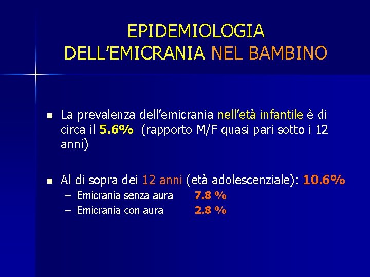 EPIDEMIOLOGIA DELL’EMICRANIA NEL BAMBINO n La prevalenza dell’emicrania nell’età infantile è di circa il