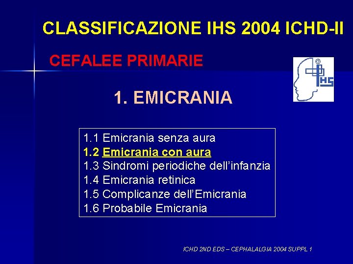 CLASSIFICAZIONE IHS 2004 ICHD-II CEFALEE PRIMARIE 1. EMICRANIA 1. 1 Emicrania senza aura 1.