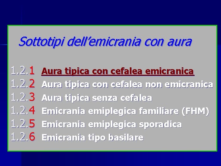 Sottotipi dell’emicrania con aura 1. 2. 1 1. 2. 2 1. 2. 3 1.