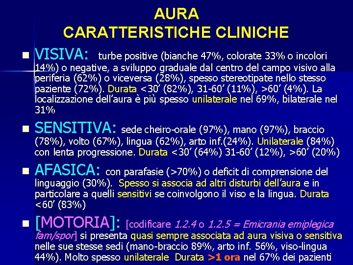 AURA CARATTERISTICHE CLINICHE n VISIVA: turbe positive (bianche 47%, colorate 33% o incolori 14%)