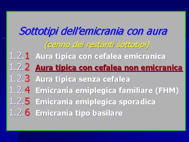 Sottotipi dell’emicrania con aura 1. 2. 1 1. 2. 2 1. 2. 3 1.