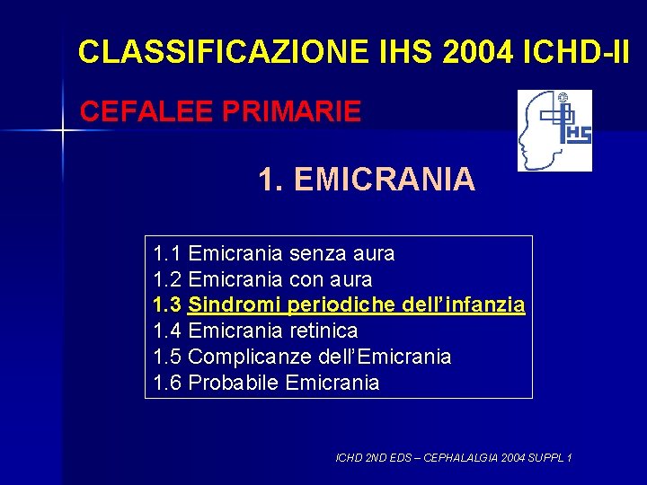 CLASSIFICAZIONE IHS 2004 ICHD-II CEFALEE PRIMARIE 1. EMICRANIA 1. 1 Emicrania senza aura 1.