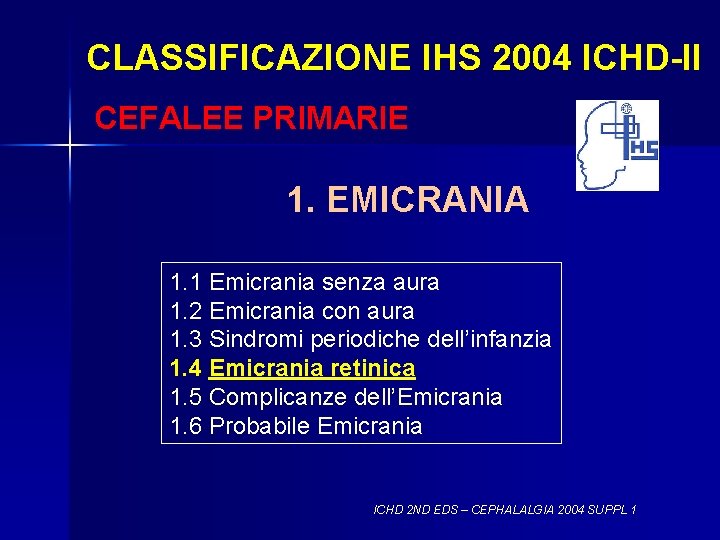 CLASSIFICAZIONE IHS 2004 ICHD-II CEFALEE PRIMARIE 1. EMICRANIA 1. 1 Emicrania senza aura 1.