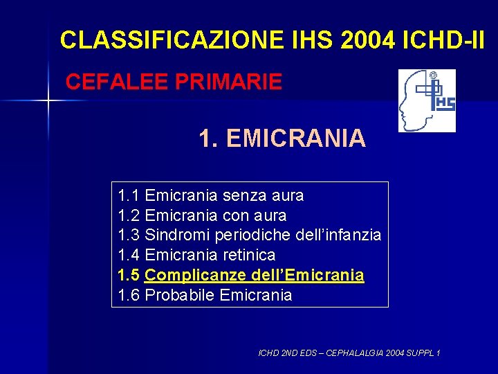 CLASSIFICAZIONE IHS 2004 ICHD-II CEFALEE PRIMARIE 1. EMICRANIA 1. 1 Emicrania senza aura 1.