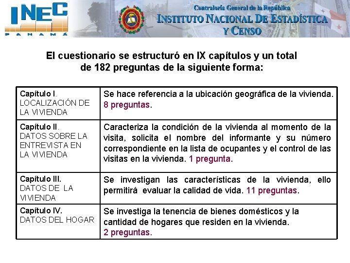 El cuestionario se estructuró en IX capítulos y un total de 182 preguntas de