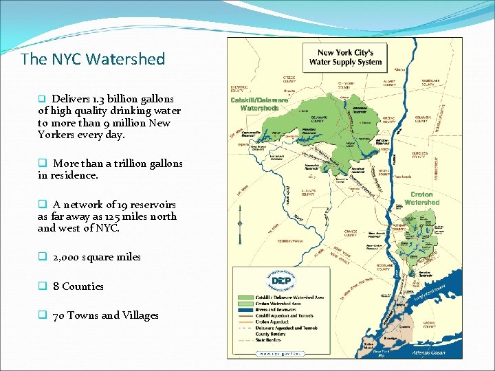 The NYC Watershed q Delivers 1. 3 billion gallons of high quality drinking water