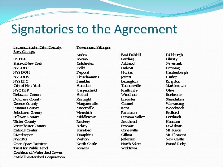 Signatories to the Agreement Federal, State, City, County, Env. Groups US EPA State of