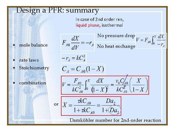 Design a PFR: summary In case of 2 nd order rxn, liquid phase, isothermal Design a PFR: summary In case of 2 nd order rxn, liquid phase, isothermal