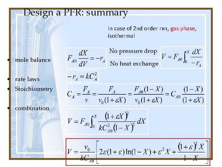 Design a PFR: summary In case of 2 nd order rxn, gas phase, isothermal Design a PFR: summary In case of 2 nd order rxn, gas phase, isothermal