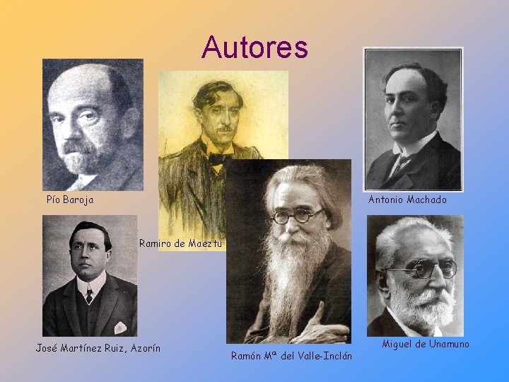 Autores Pío Baroja Antonio Machado Ramiro de Maeztu José Martínez Ruiz, Azorín Ramón Mª