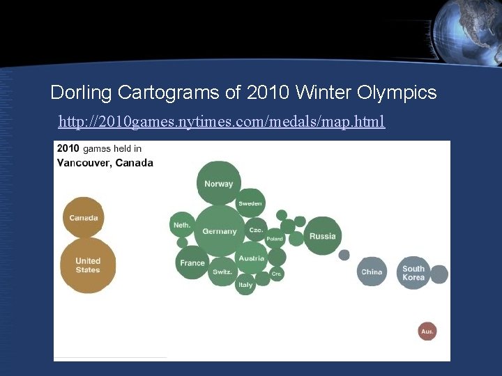 Dorling Cartograms of 2010 Winter Olympics http: //2010 games. nytimes. com/medals/map. html Dorling Cartograms of 2010 Winter Olympics http: //2010 games. nytimes. com/medals/map. html