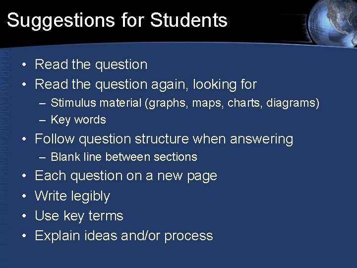 Suggestions for Students • Read the question again, looking for – Stimulus material (graphs, Suggestions for Students • Read the question again, looking for – Stimulus material (graphs,