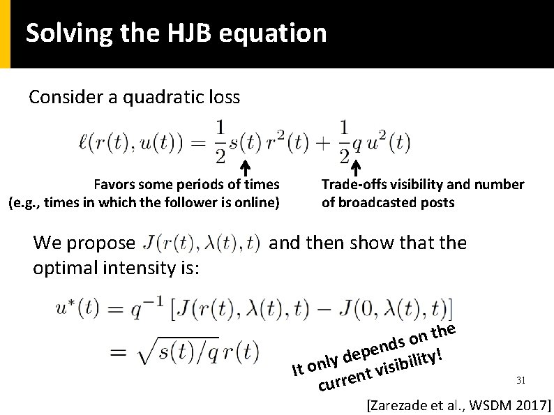 Solving the HJB equation Consider a quadratic loss Favors some periods of times (e.