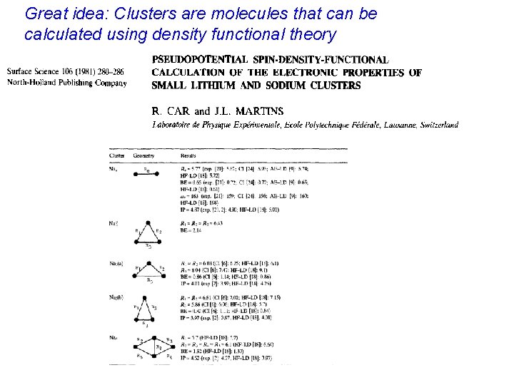 Great idea: Clusters are molecules that can be calculated using density functional theory 