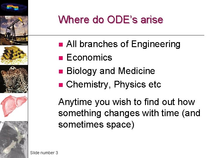 Where do ODE’s arise n n All branches of Engineering Economics Biology and Medicine