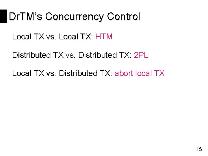 Dr. TM’s Concurrency Control Local TX vs. Local TX: HTM Distributed TX vs. Distributed