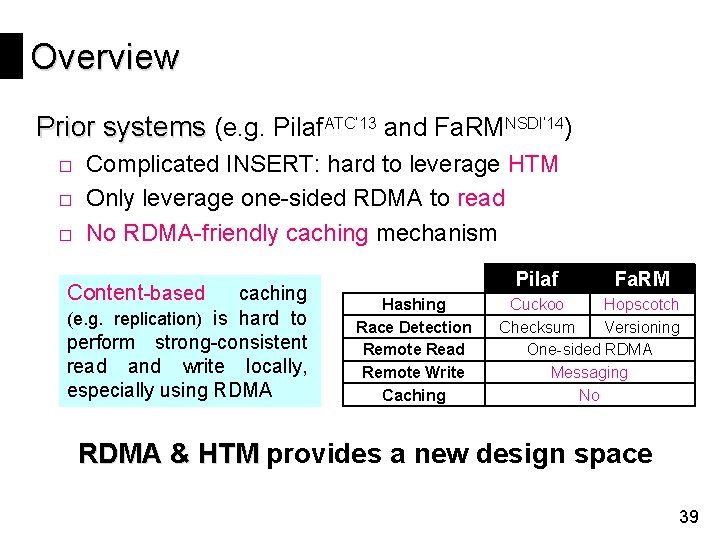 Overview Prior systems (e. g. Pilaf. ATC’ 13 and Fa. RMNSDI’ 14) □ Complicated