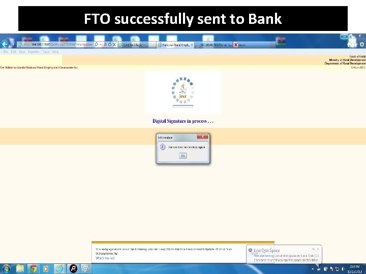 FTO successfully sent to Bank 
