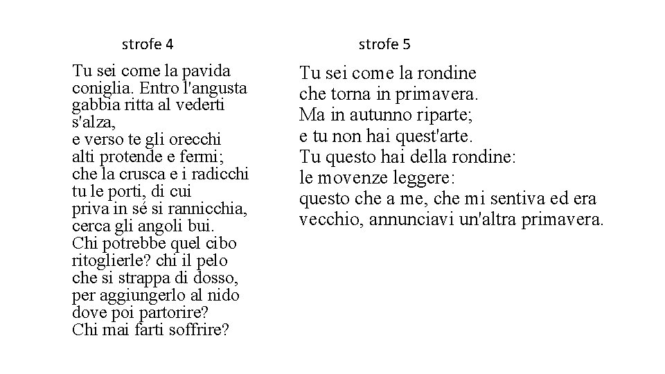  strofe 4 Tu sei come la pavida coniglia. Entro l'angusta gabbia ritta al