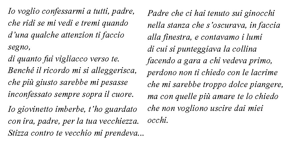 Io voglio confessarmi a tutti, padre, Padre che ci hai tenuto sui ginocchi che