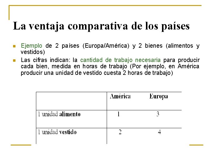 La ventaja comparativa de los países n n Ejemplo de 2 países (Europa/América) y